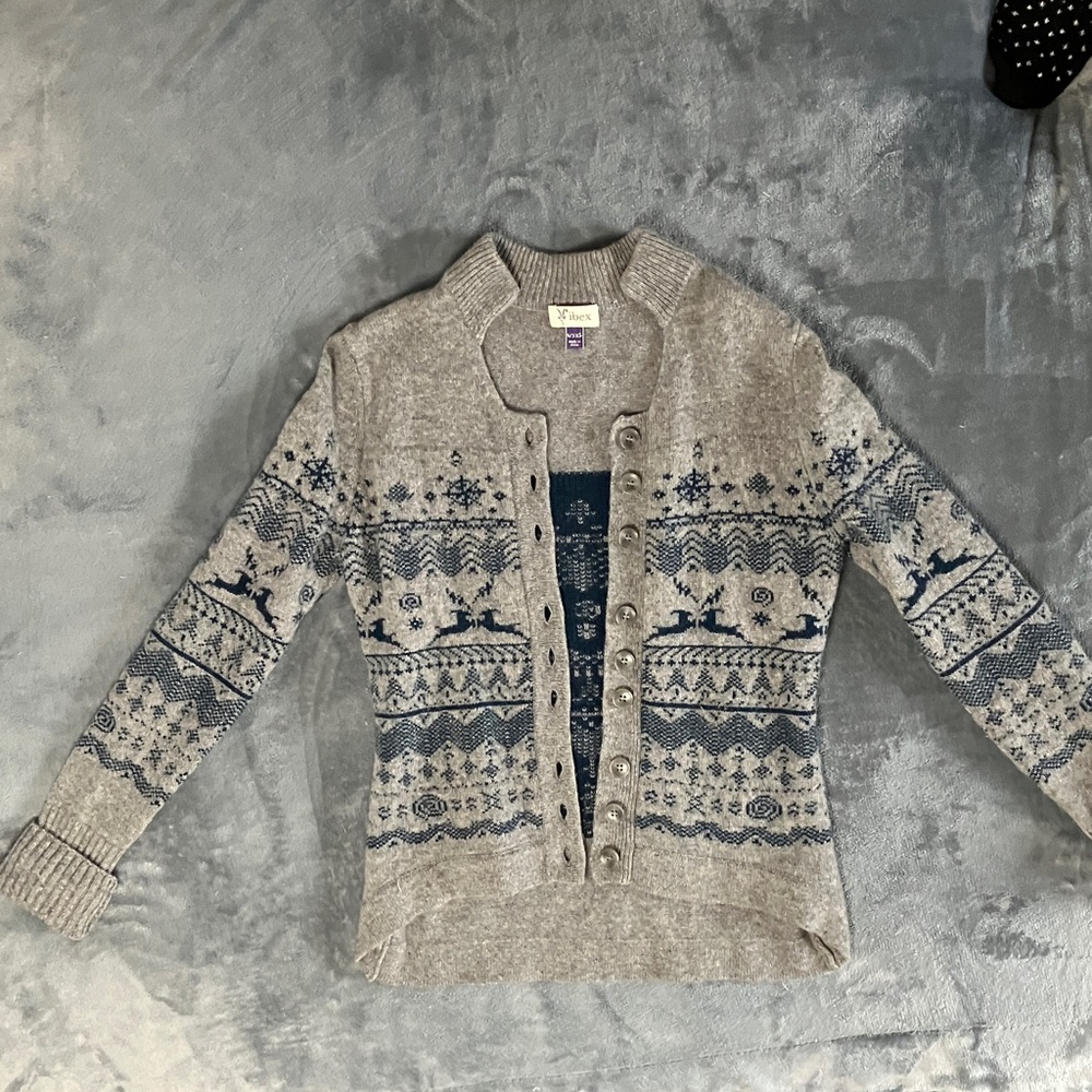 Ibex Wool Blue and Gray Patterned Cardigan